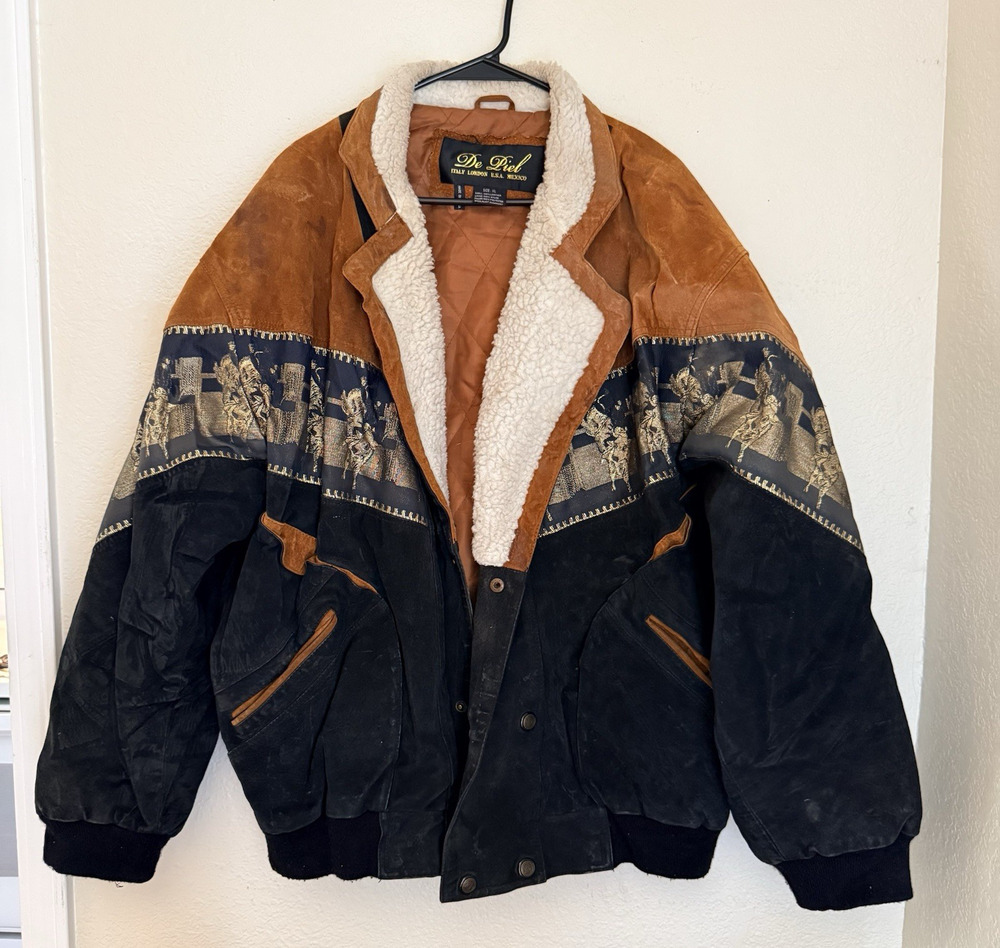 Vintage De Piel Leather Western Jacket XL Sherpa Lined Suede Horse Print Coat